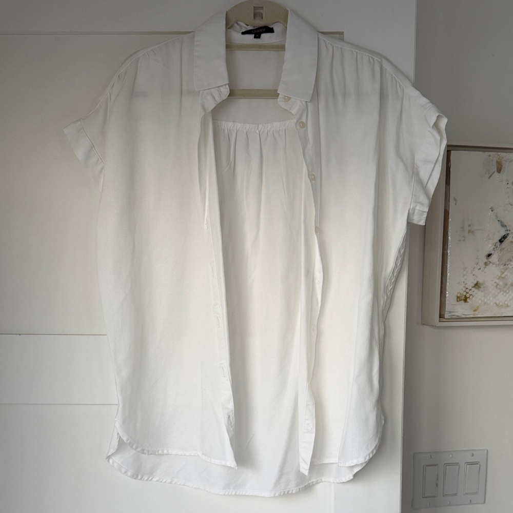 Quince White Short-Sleeve Button Front Blouse